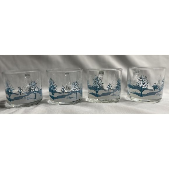 Anchor Hocking Clear Glass Coffee Tea Cups Mugs Winter Blue Scene Trees - Picture 2 of 6